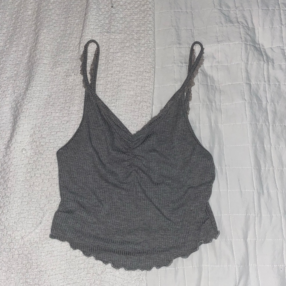 Grey Ribbed Lace Trim Tank Top